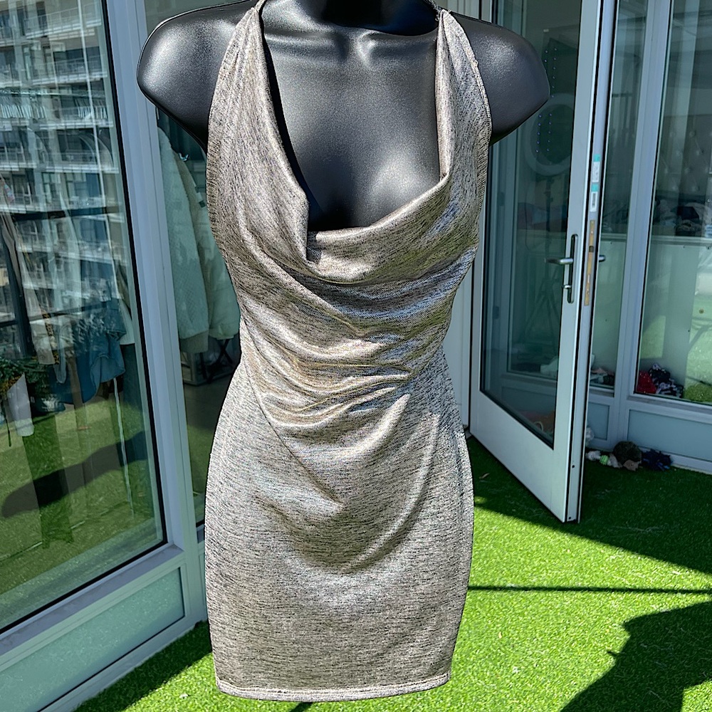 METALLIC COWL HALTER MINI DRESS